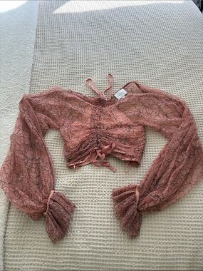 Alice McCall Dusty Rose Lace Ruched Tie-Front Crop Top